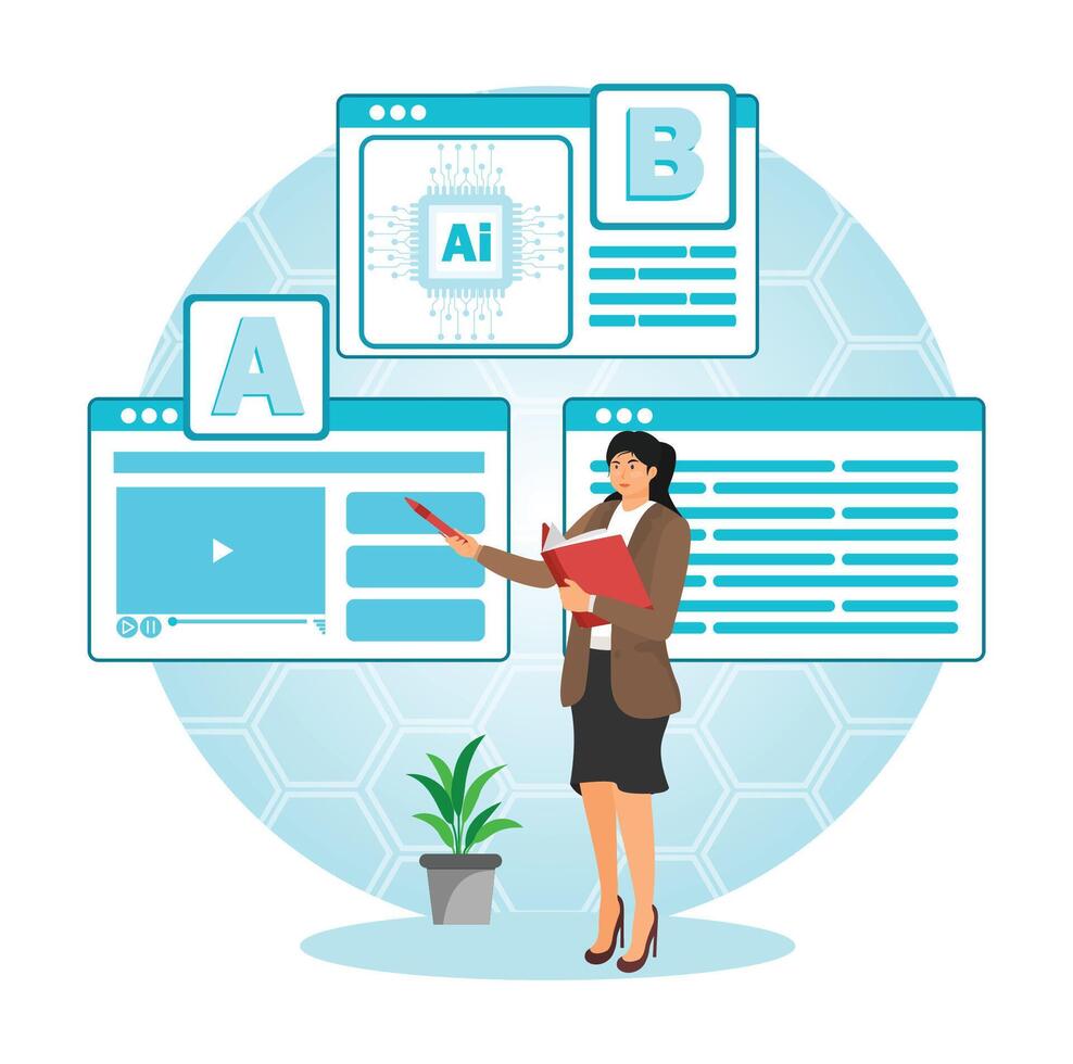 A-B Testing and AI-Refined Marketing. Woman standing near AI. vector