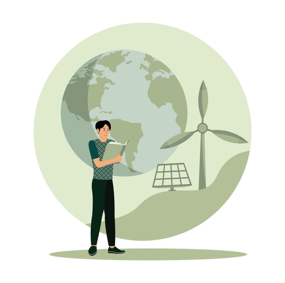 Sustainable Energy Concept With Solar Panel and Wind Turbine. vector