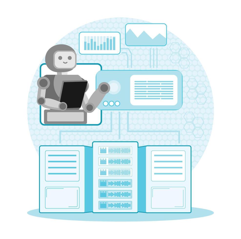 AI Enhanced Data Analytics concept. Research and Development conducted by AI robots. vector