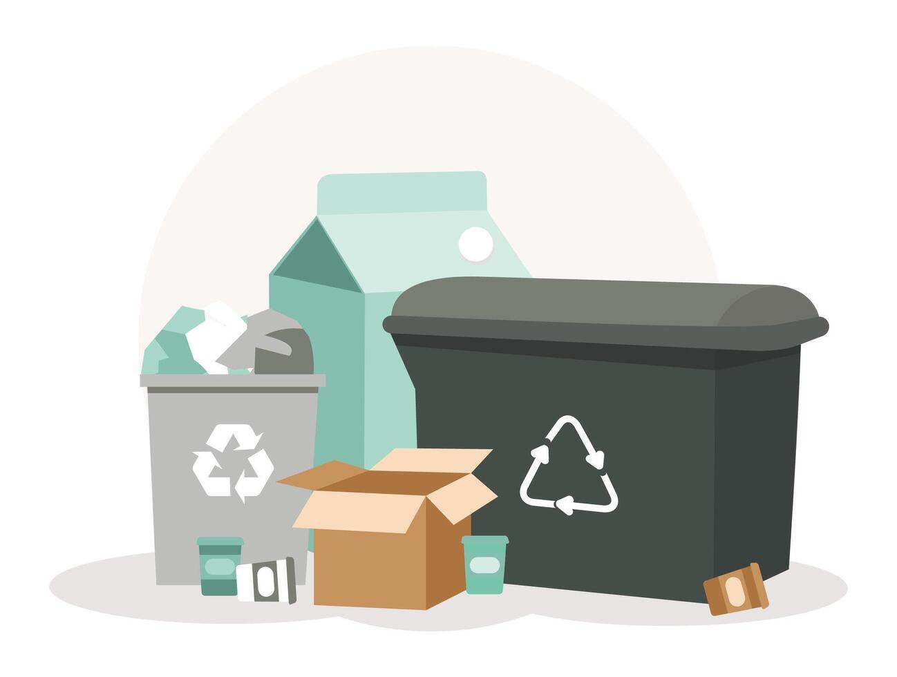 Recycling Trash Bins with Waste Items Including Cardboard and Plastic. vector