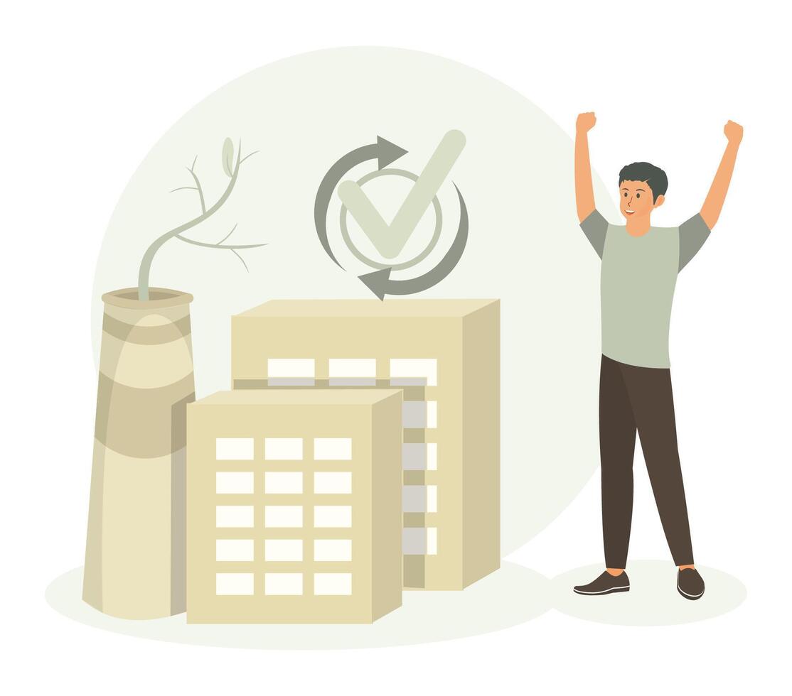 Eco industrial development with building, recycling symbol. vector