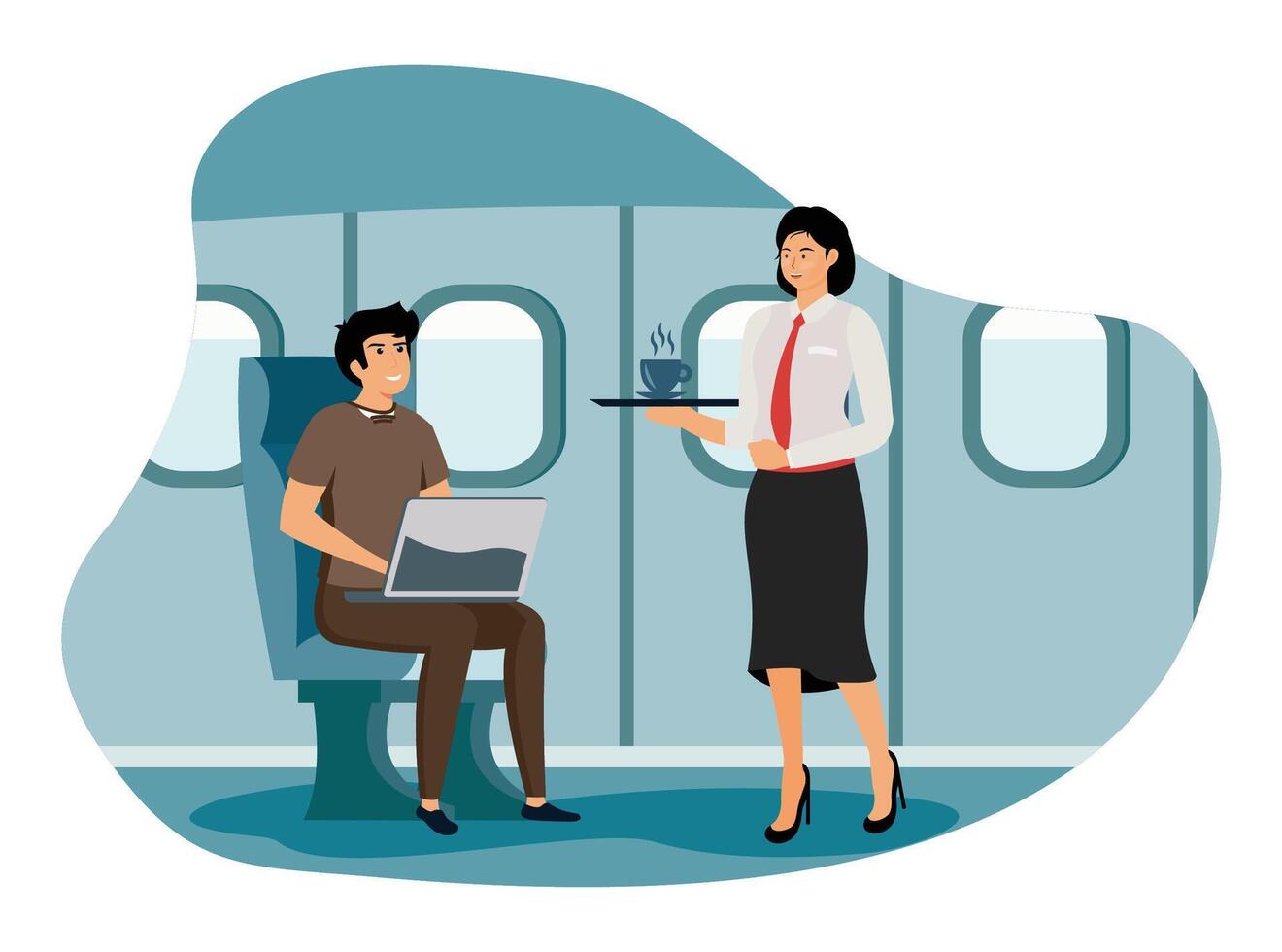 Air hostess concept. First class plane interior with comfortable seat. vector