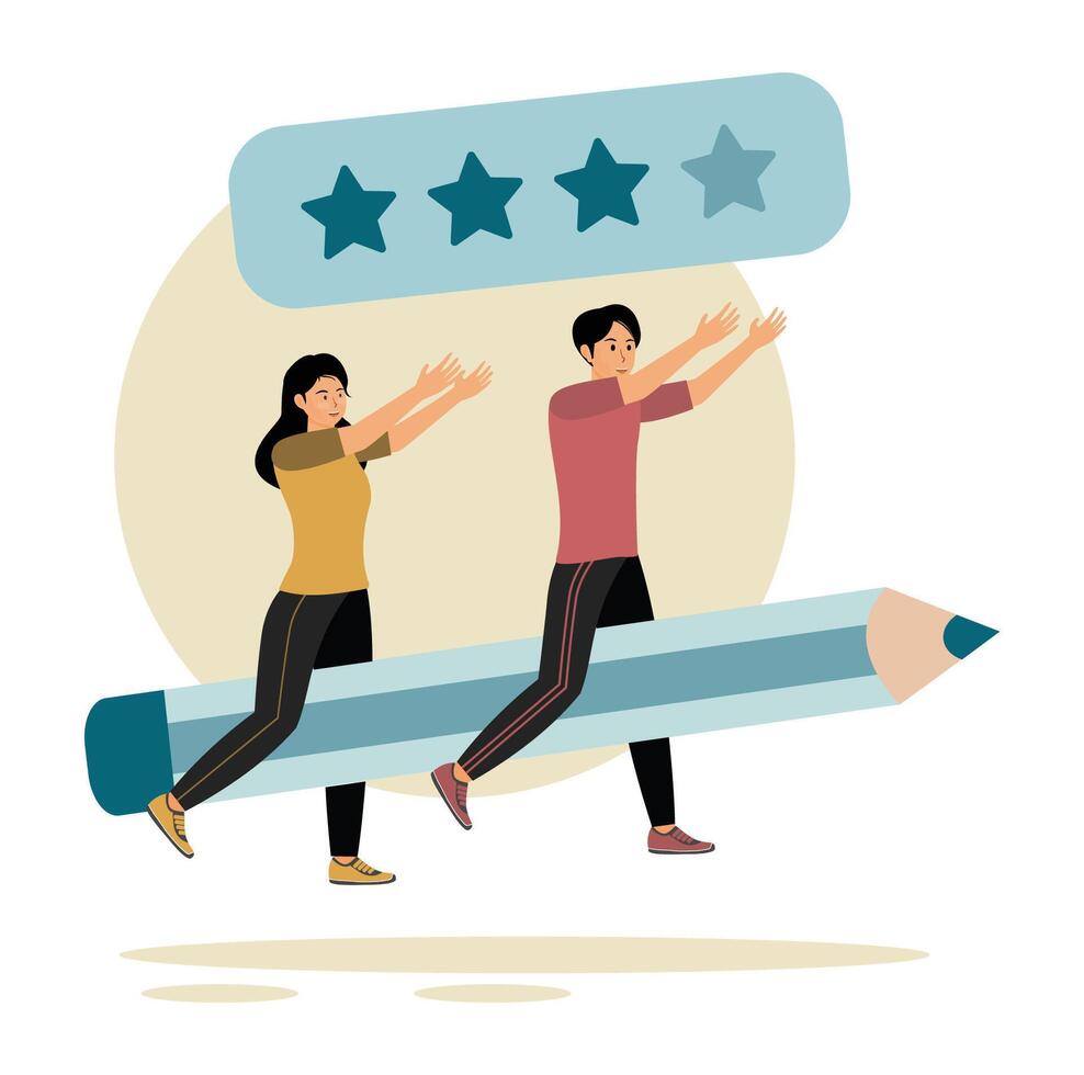 Feedback and survey concept. People characters giving positive five star feedback. vector