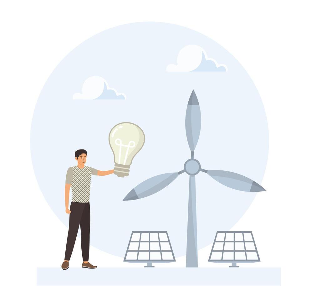 Renewable Energy Concept with Wind Turbine and Solar Panels. vector