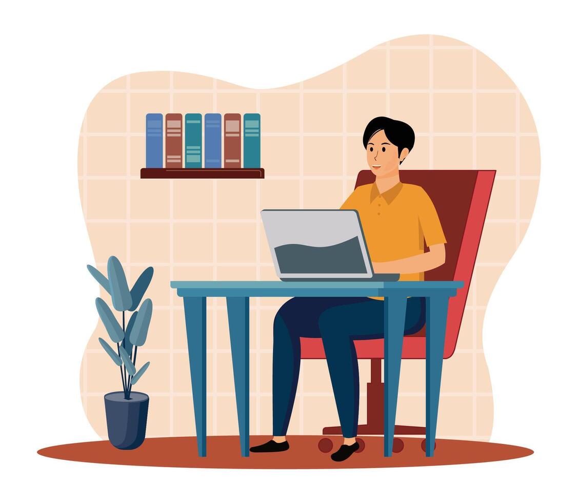 Working from home at relaxed place. Freelancer working on laptop at home. vector