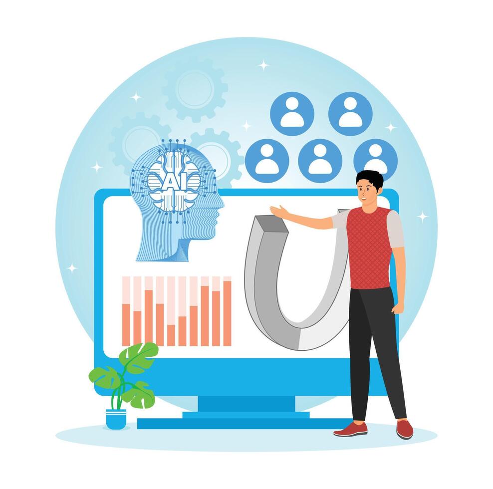 AI-Enhanced Automated Customer Engagement. Man with computer. vector