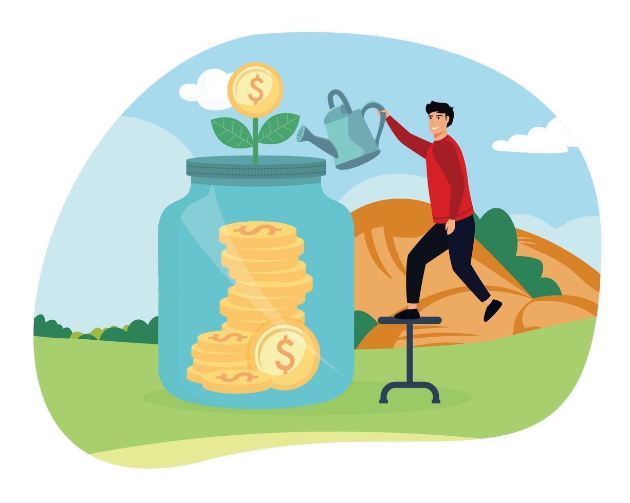 Financial growth concepts. Depicting a man nurturing a money plant symbolizing investment and savings. The focus is on smart asset management displayed creatively in a scenic environment. Flat modern illustration vector