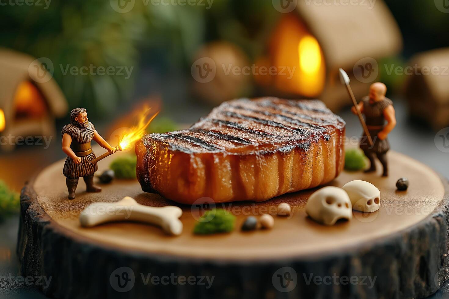 Miniature characters of primitive men in process of cooking meat in nature background photo