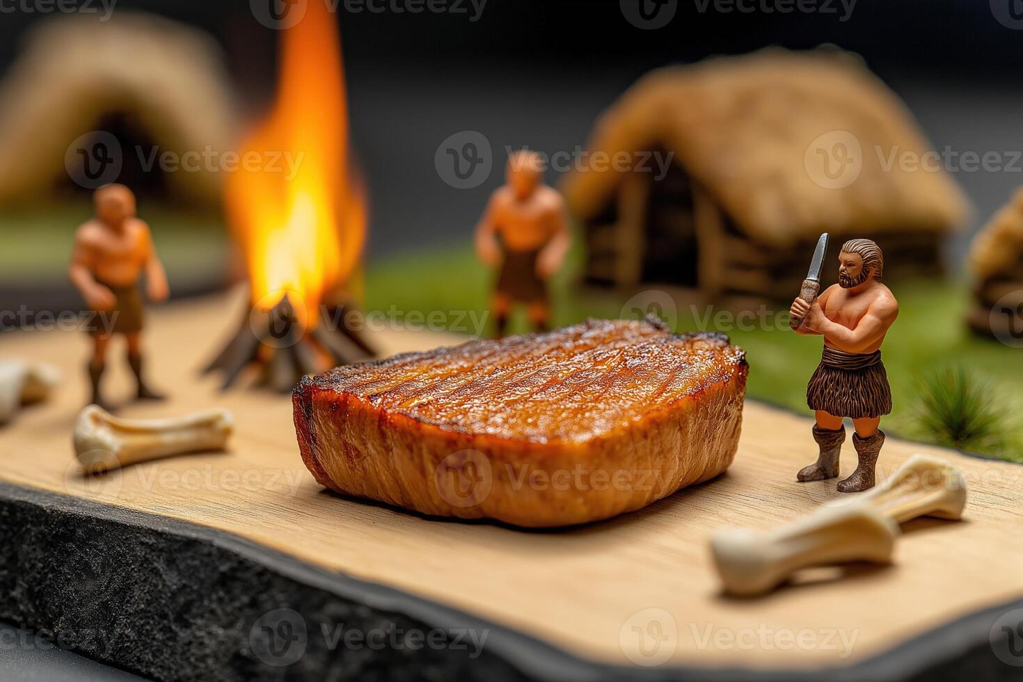 Primitive men miniature characters in process of cooking meat in nature photo