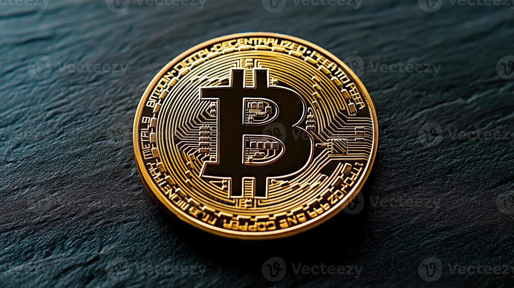 Gleaming golden bitcoin sits on dark, textured surface photo