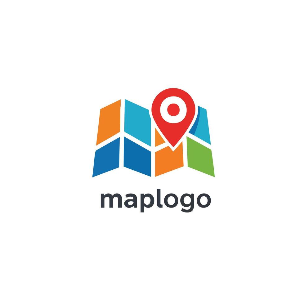 Modern map logo design featuring a colorful folded map graphic and a red location pin marker icon. vector