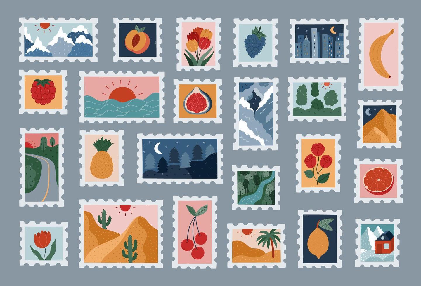 Big set of vivid cartoon postage stamp with picturesque travelling scenery, tropic fruits, flowers. Hand drawn postage sticker collection with seascape panorama, desert, mountains, jungle, driveway. vector