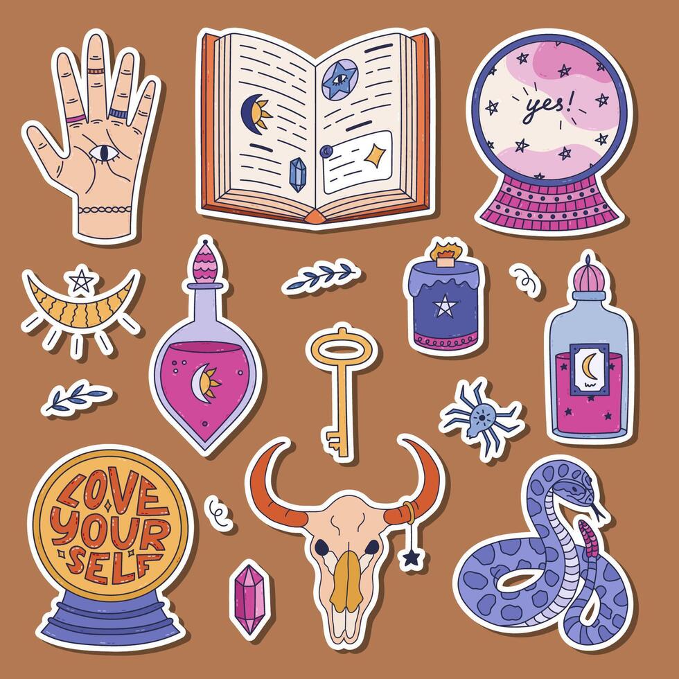 Lovely Halloween magic sticker set for planners, notebooks, scrapbook. Ready for print list of cute coloured doodle of palm with all seeing eye, crystal ball, cow skull, snake, potion with moonlight. vector