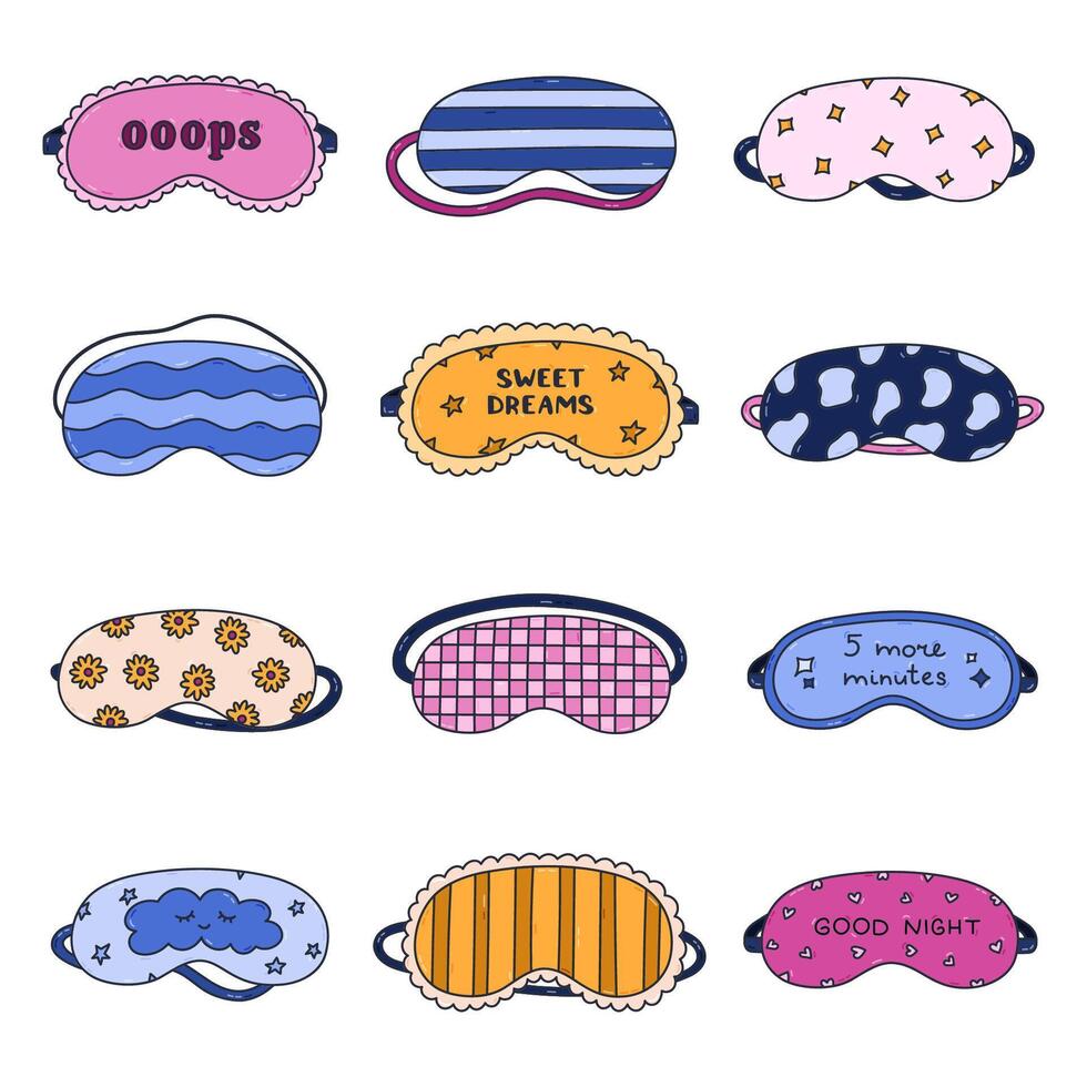 Big colored doodle sleeping mask set with geometric, animal and flower pattern, lettering, lace decoration. Lovely hand drawn girly eye mask for total relaxation. Bedtime accessory isolated on white. vector