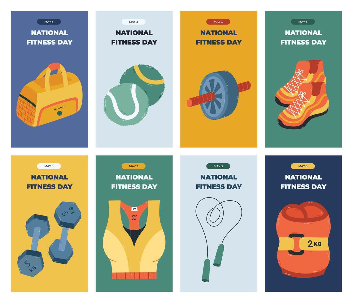 Big colourful set of vertical poster for National Fitness Day with fitness, gym, workout clipart. Minimalistic vivid poster for social media with sport bag, tennis ball, dumbbells, jumping rope. vector
