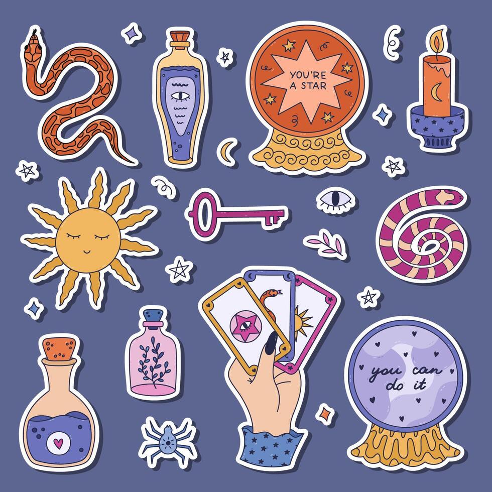 Lovely doodle magical and fortuneteller sticker set with witchcraft symbols for planners, notebooks, diary. Ready for print list of coloured stickers of snake, forecast in crystal ball, tarot Sun. vector