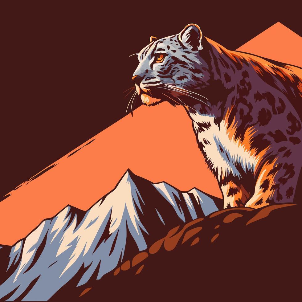 Snow Leopard on Mountain Peak at Sunset vector