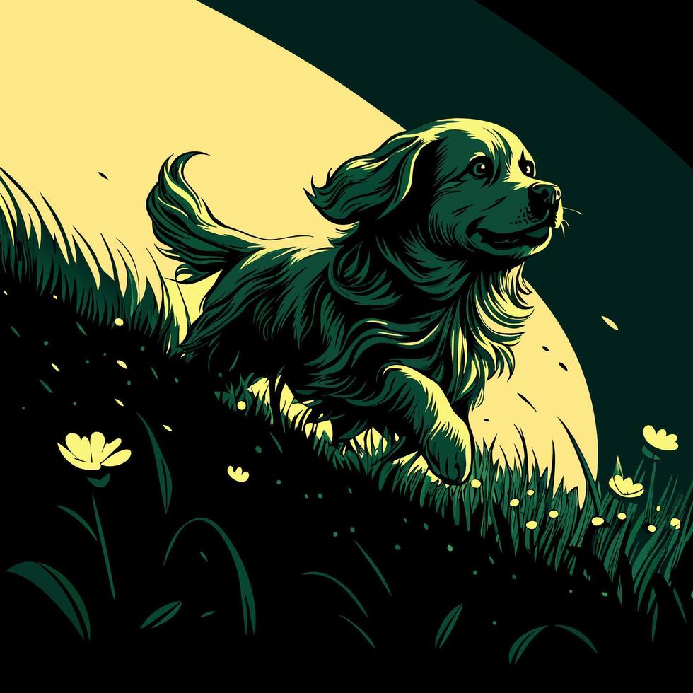 Golden Retriever Running in Moonlight vector