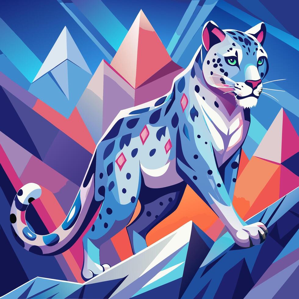 Majestic Snow Leopard on Geometric Peaks vector