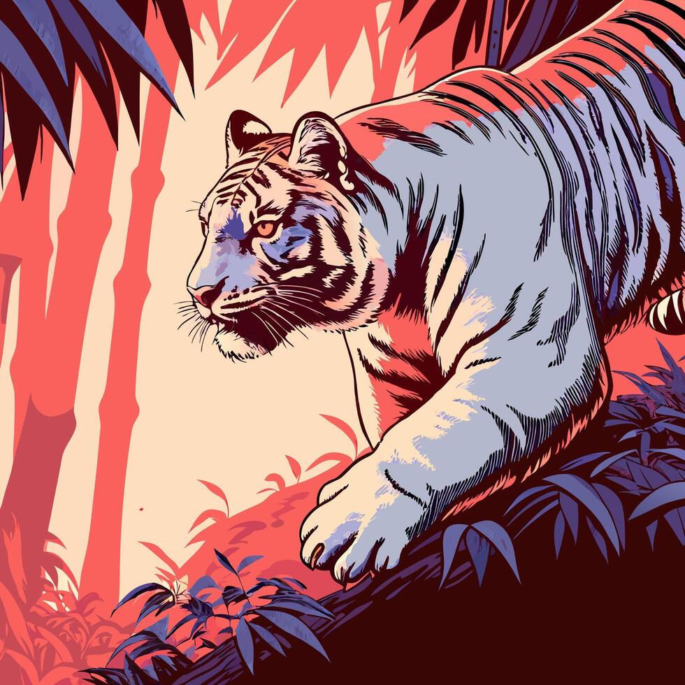 Tiger in Bamboo Forest Artistic Illustration vector