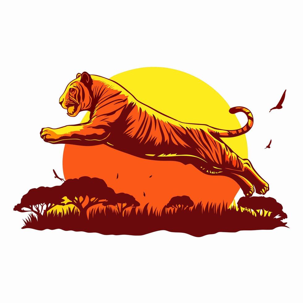 Tiger Leaping at Sunset in Africa vector