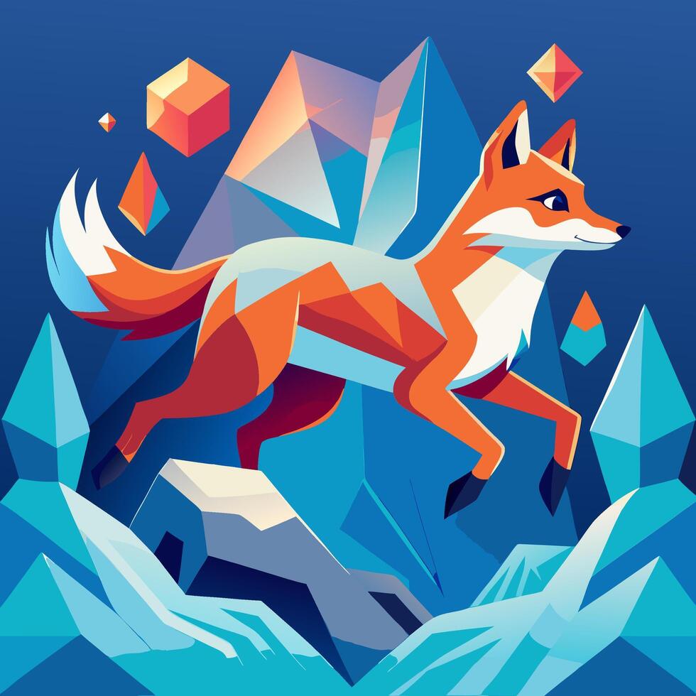 Geometric Fox Jumping Crystal Mountains vector