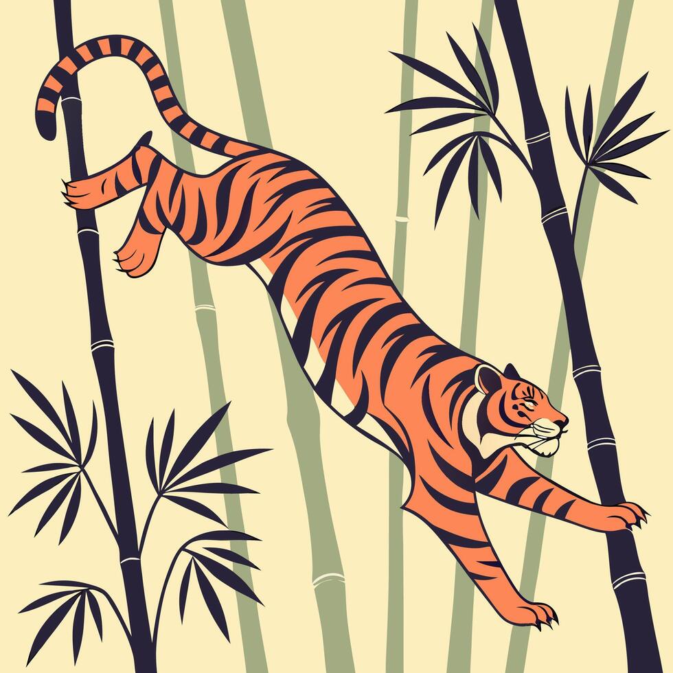 Tiger Leaping Bamboo Forest Art Print vector
