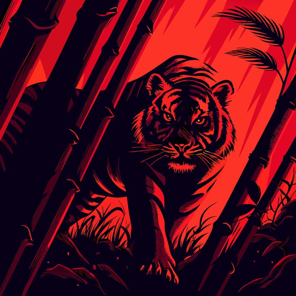 Tiger in Bamboo Forest, Red Graphic Art vector