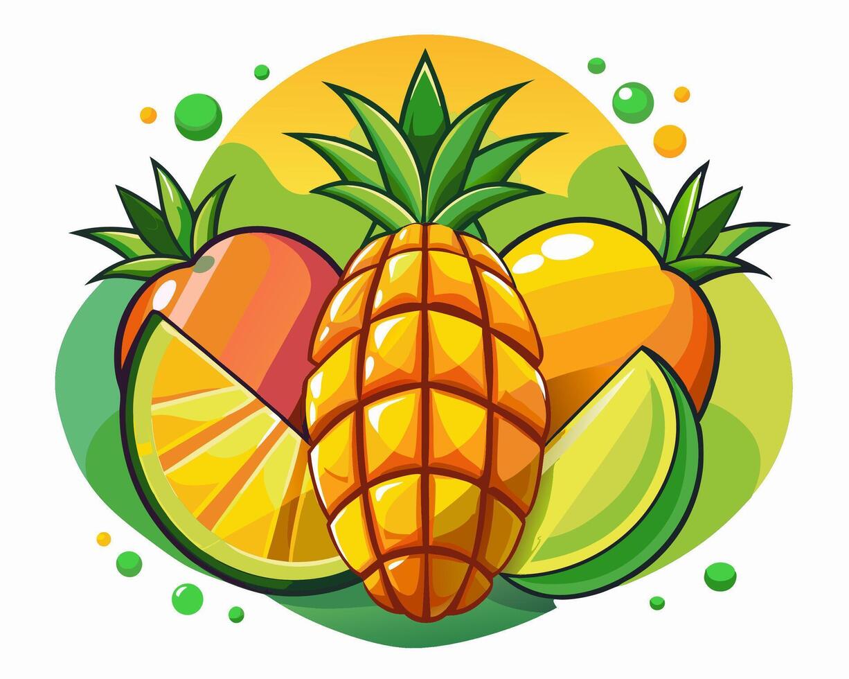 Pineapple, Mango, Lime Fruit Illustration vector
