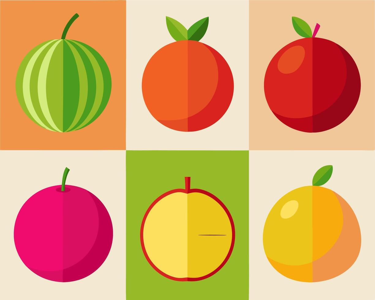 Flat Design Fruit Icons Watermelon, Orange, Apple vector
