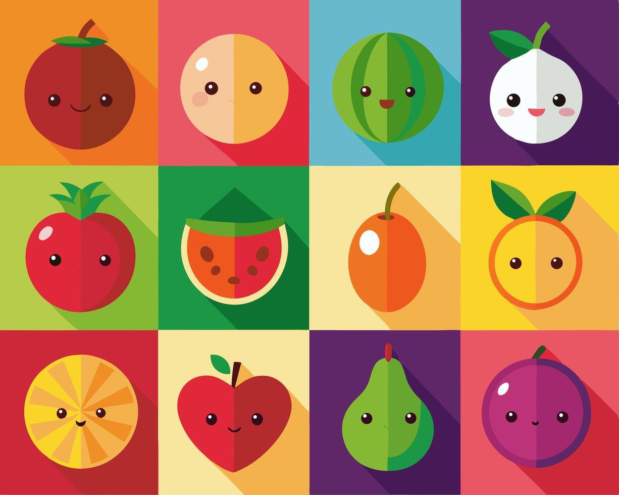 Cute Fruit Icons Watermelon, Apple, Orange vector