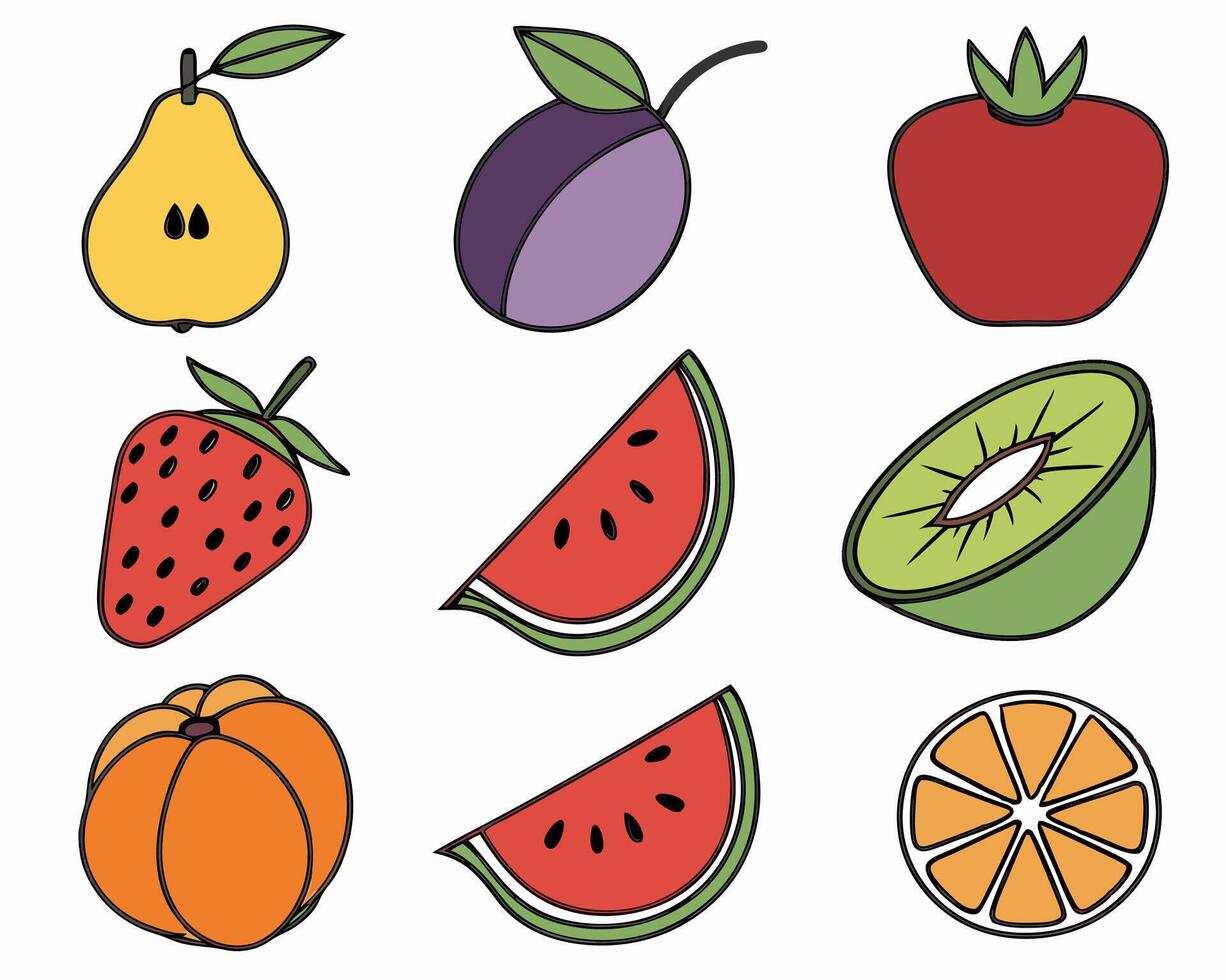 Cartoon Fruit Icons Pear, Plum, Tomato, Strawberry, Watermelon, Kiwi, Orange vector