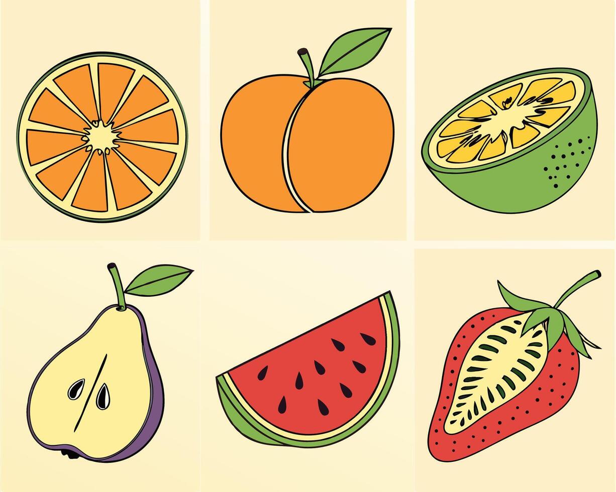 Fruit Illustration Orange, Peach, Lime, Pear, Watermelon, Strawberry vector