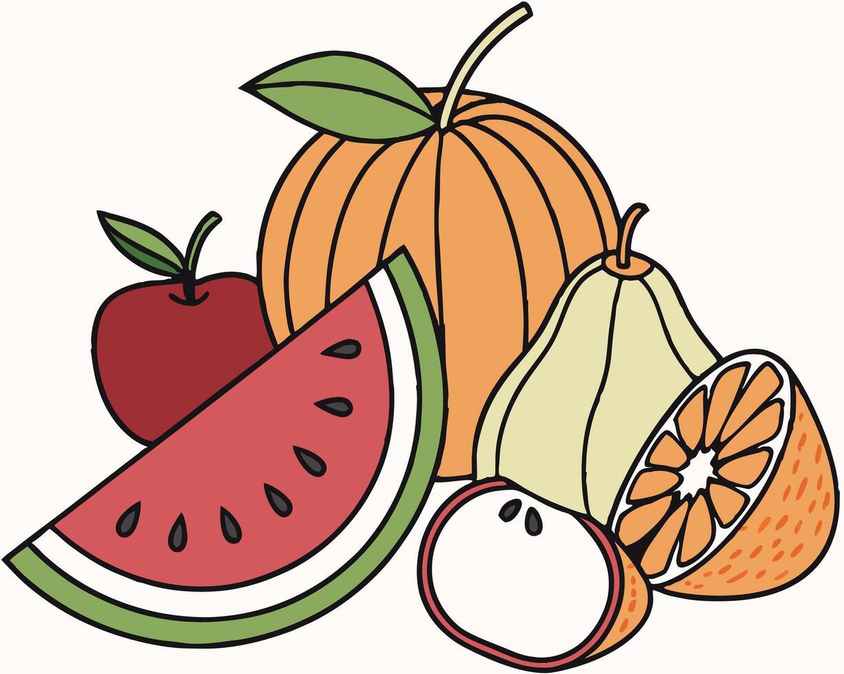 Watermelon, Pumpkin, Apple and Orange Clipart vector