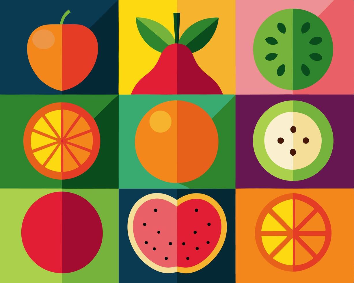 Colorful Flat Fruit Icons Apple, Orange, Watermelon vector