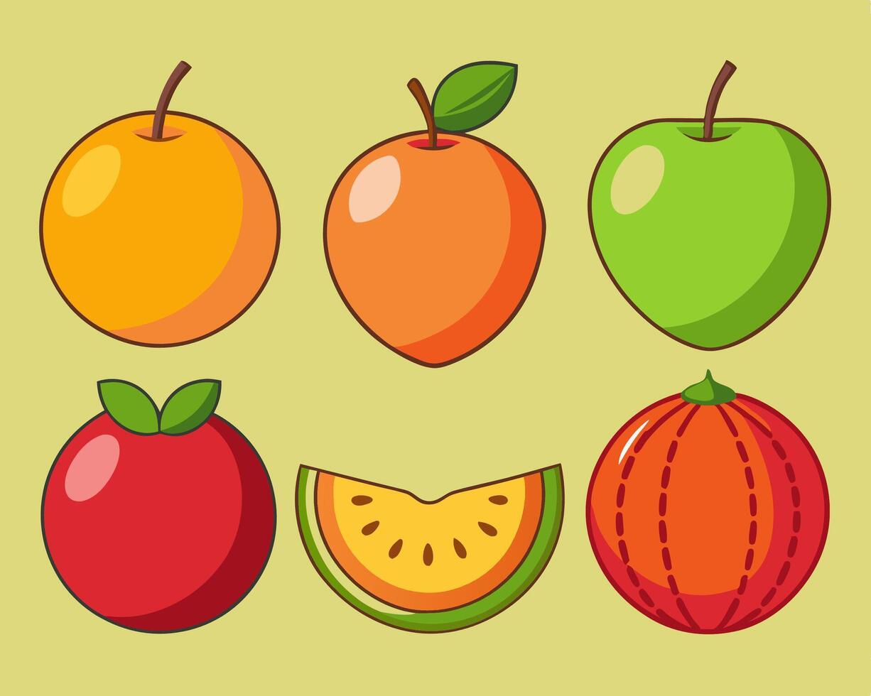 Cartoon Fruits Orange, Apple, Peach, Tomato, Watermelon vector
