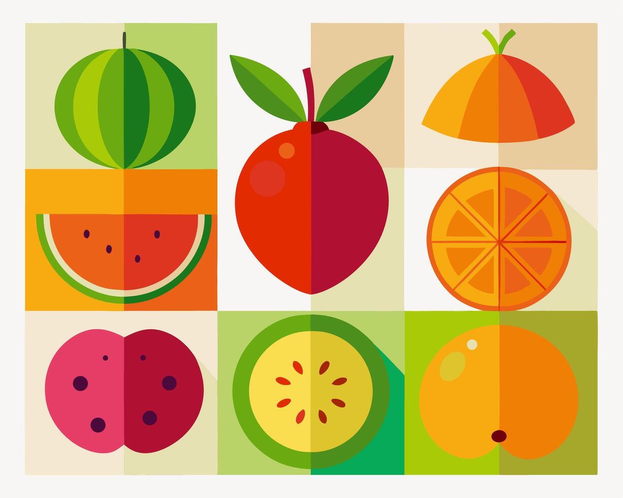 Flat Design Fruit Icons Watermelon, Apple, Orange vector