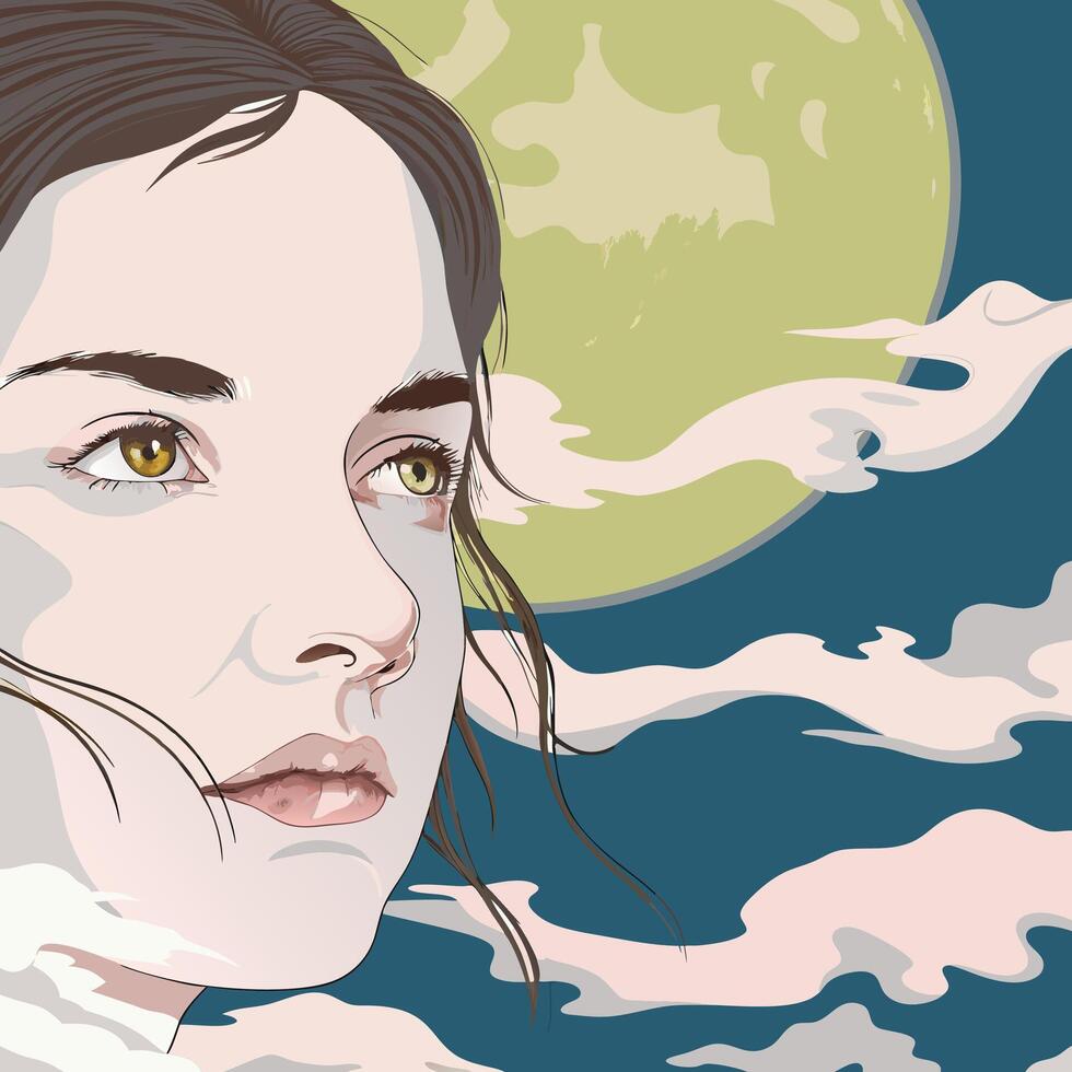 Woman's Face, Moon, Clouds Art vector
