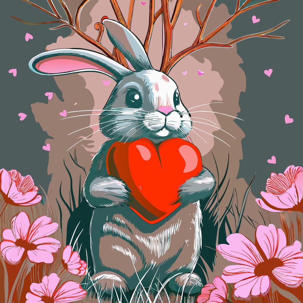 Cute Bunny Holding Heart Valentine's Day vector