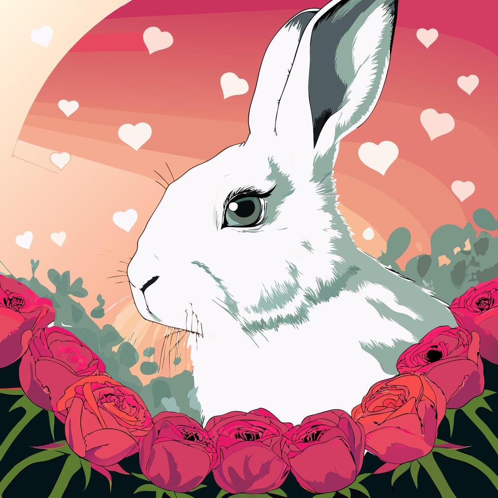White Rabbit with Roses, Valentine's Day vector