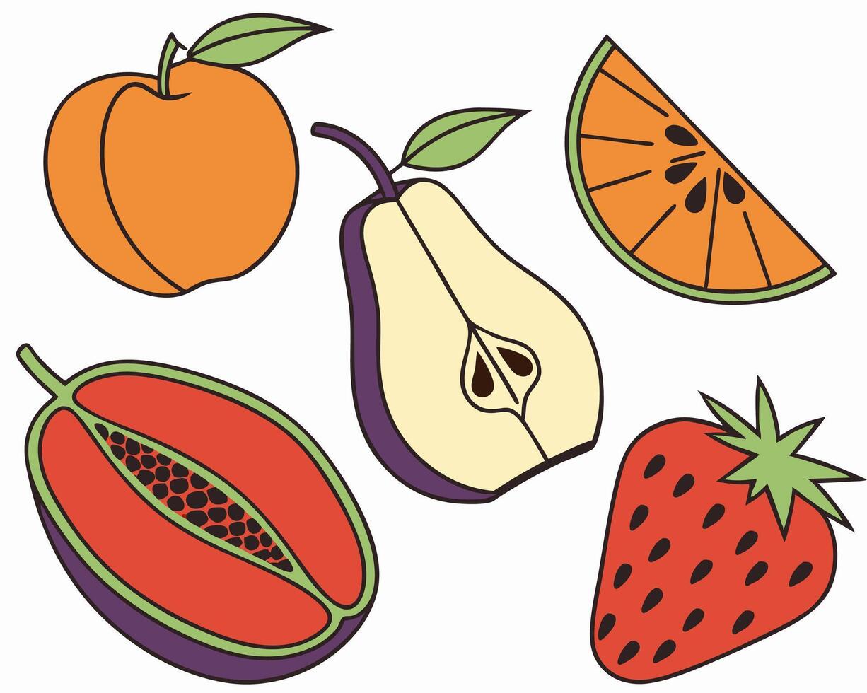 Assorted Fruit Illustration Peach, Pear, Papaya, Strawberry vector