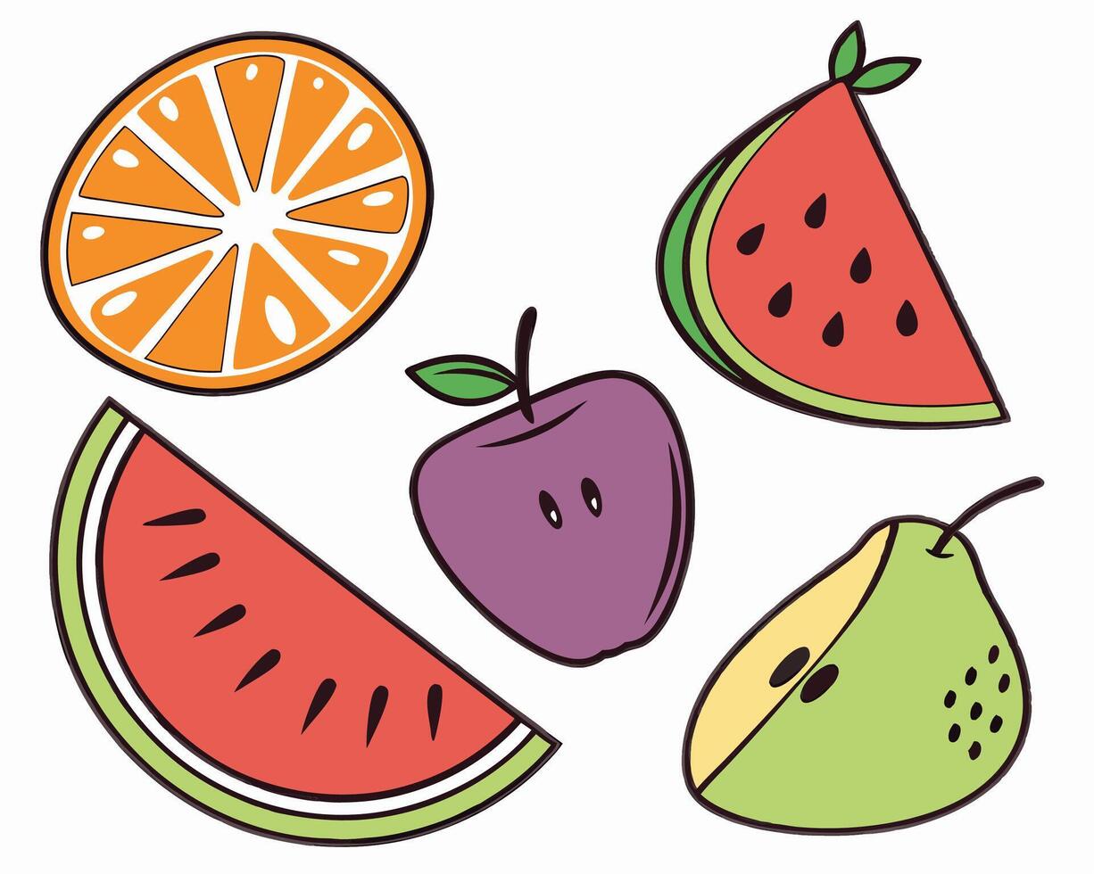 Cartoon Fruits Orange, Watermelon, Apple, Pear vector