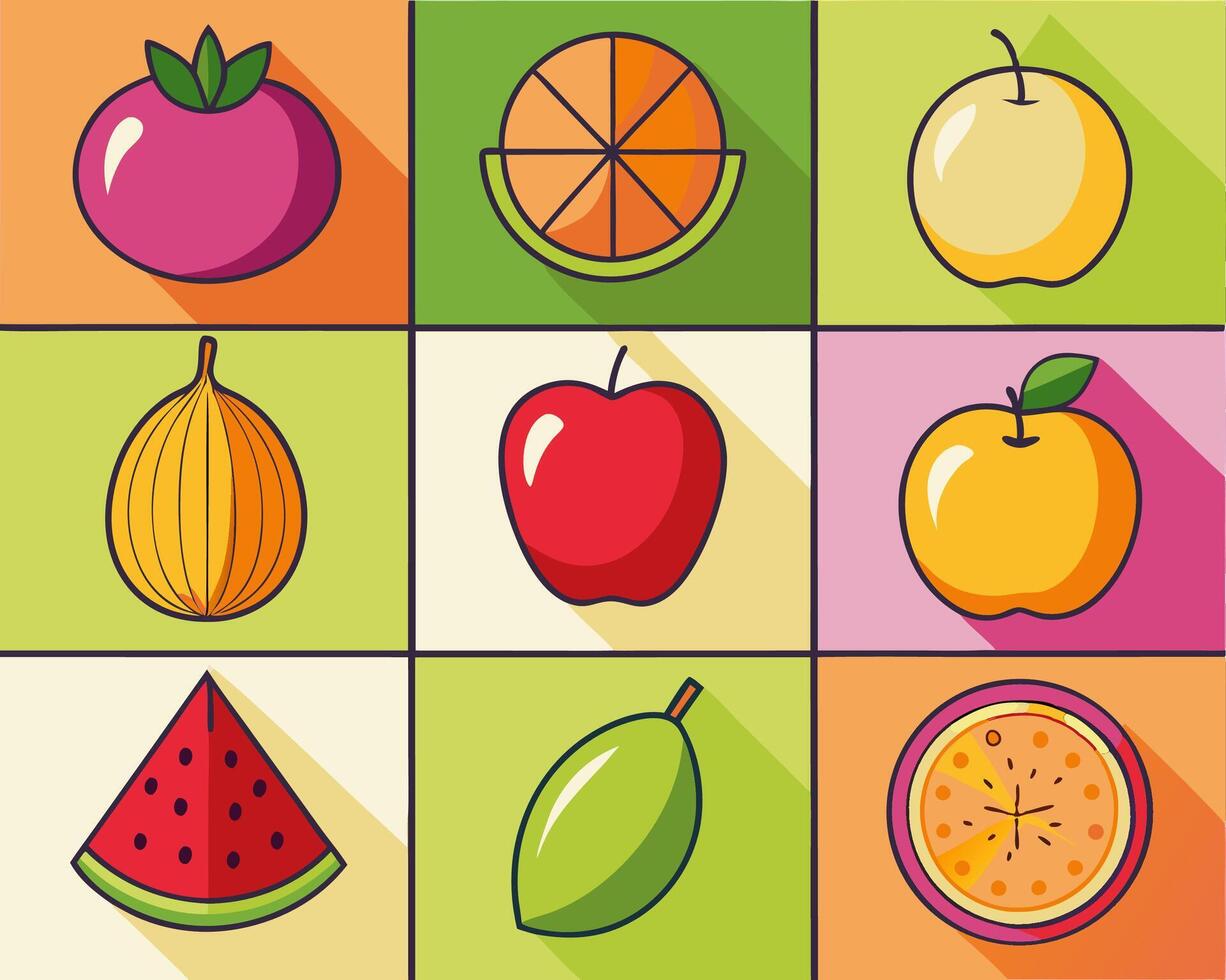 Colorful Fruit Icons Apple, Orange, Watermelon vector