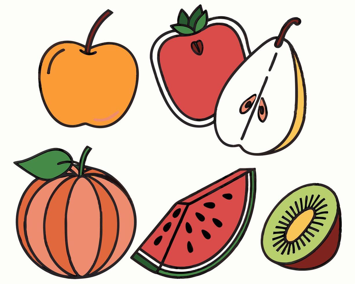Assorted Fruit Illustration Apple, Pear, Watermelon, Kiwi vector