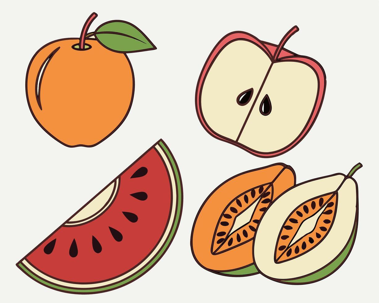 Apple, Peach, Watermelon, Papaya Fruit Illustration vector