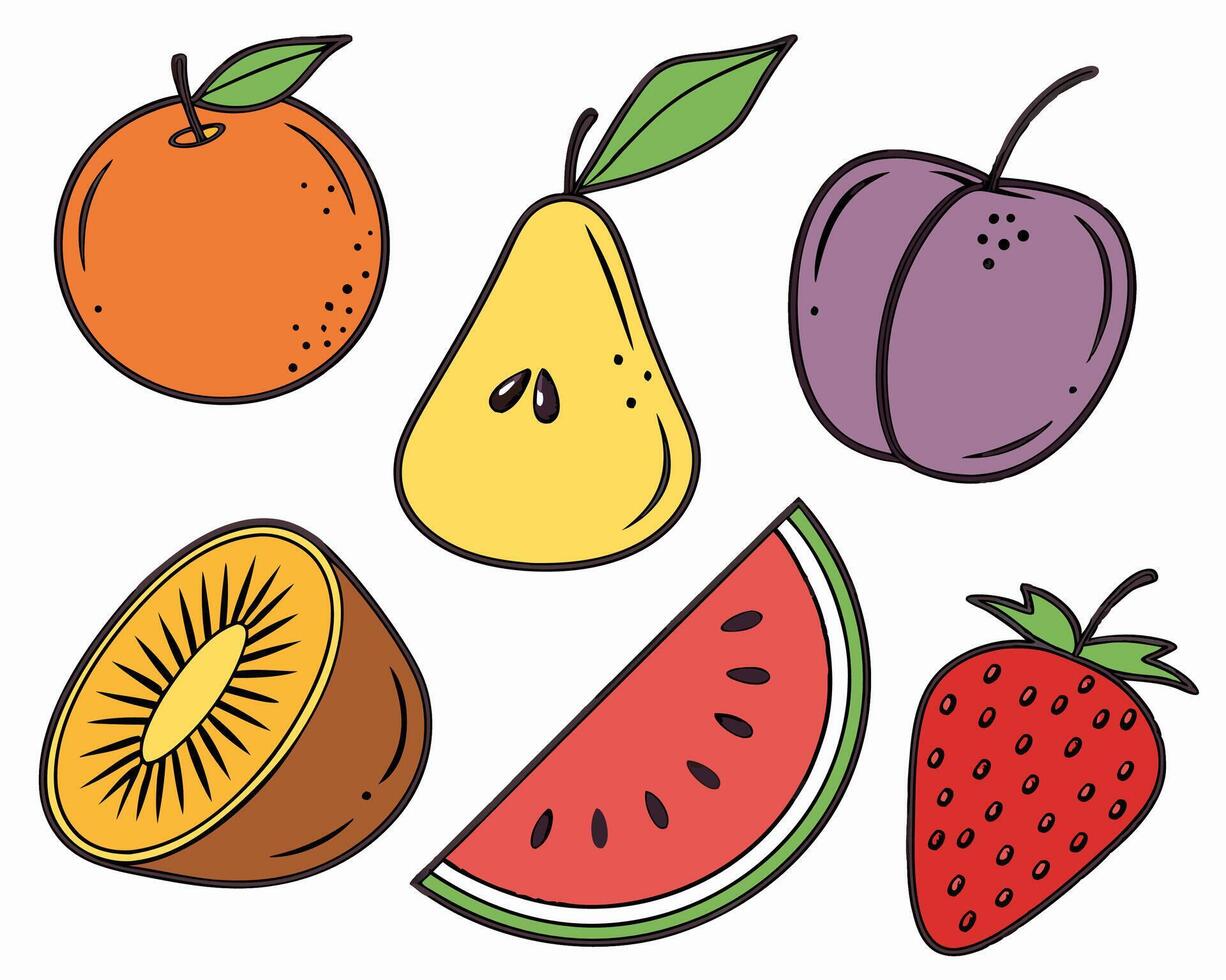 Cartoon Fruits Orange, Pear, Plum, Kiwi, Watermelon, Strawberry vector