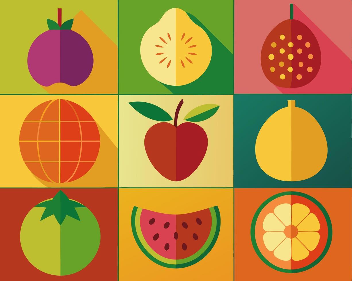 Flat Icon Fruit Grid Apple, Watermelon, etc. vector