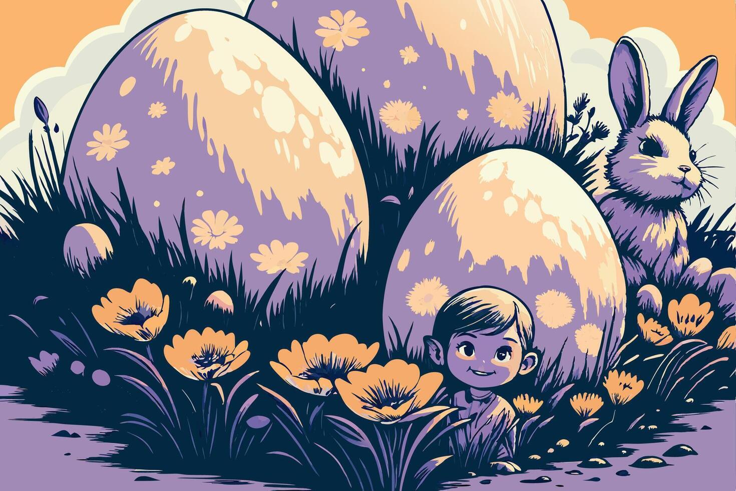Elf, Bunny, and Giant Eggs in Flower Field vector