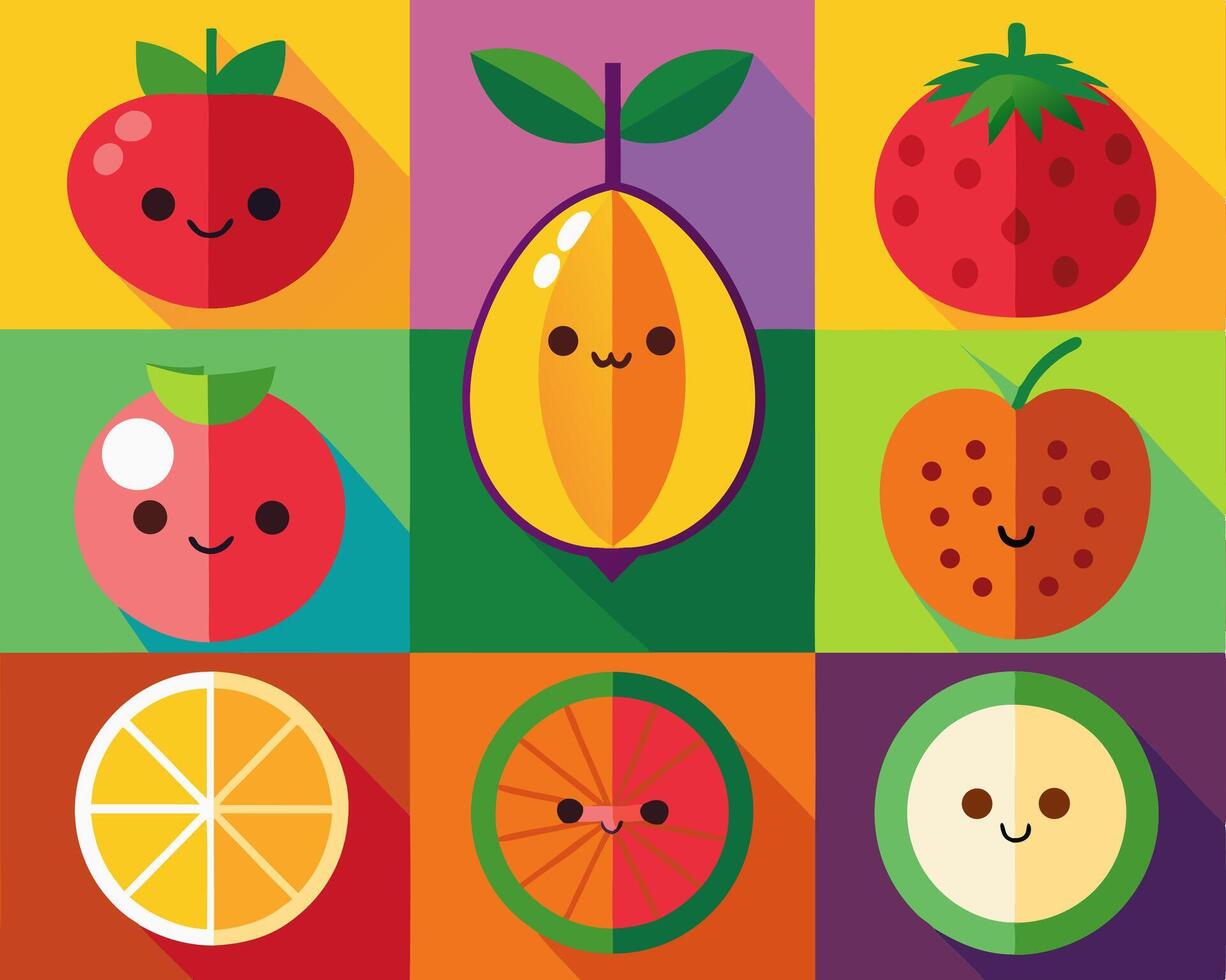 Cute Cartoon Fruits Flat Design vector