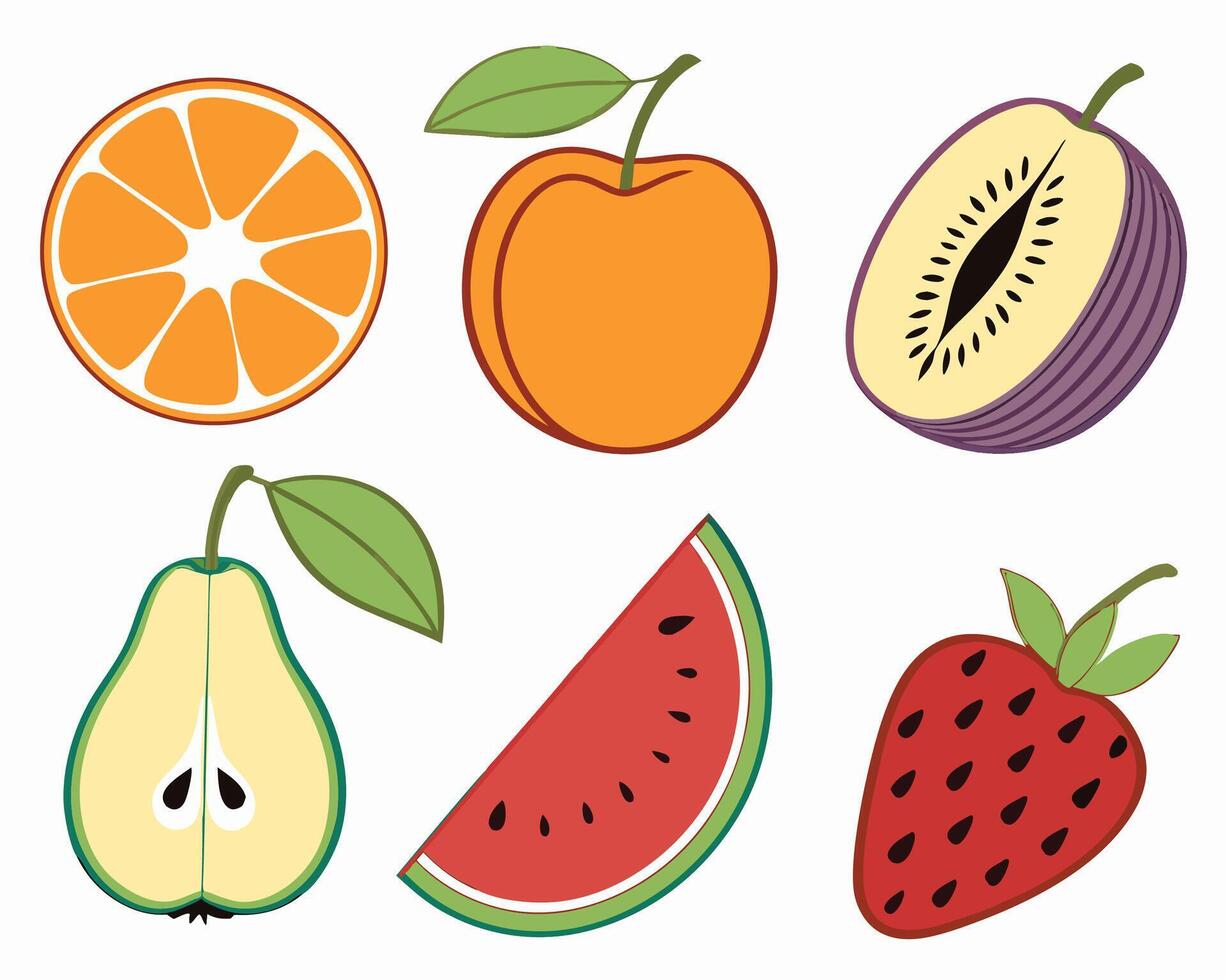 Assorted Fruit Illustration Orange, Apricot, Pear, Kiwi, Watermelon, Strawberry vector